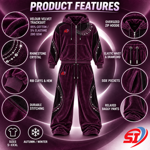 Conjunto de Sudadera con Capucha y Pantalones de Terciopelo OEM Plum Eclipse con Pedrería de Cristal, 95% Algodón, 5% Elastano, Unisex, Estilo Urbano de Verano con Cordón Ajustable - Product Image 6