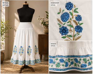 Falda midi blanca con estampado artesanal de Jaipur, cintura elástica fruncida, diseño escalonado, 100% algodón, con estampado floral Butta y borde con volantes. - Product Image 4