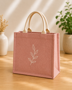 Pink Jute Tote <b>Bag</b> With <b>White</b> Leaf Embroidery Shoulder Length Handle Large Size Daily Use - Product Image 4
