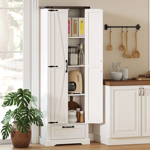 Armadio Dispensa Moderno Bianco da 180 cm con Ripiani Regolabili, Ante Scorrevoli e Cassetto per Sala da Pranzo e Cucina, Pannello in Compensato - Product Image 2