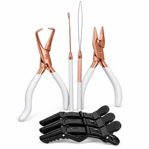 Kit d'outils de pose de perles pour extensions capillaires Or Rose, en acier inoxydable, avec pince de fermeture et d'élimination de micro-perles, enfileur de boucles ZetomedPro - Product Image 1