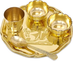 Decorative Gift Brass Pooja Thali Set Traditional Design Puja Plate with Diya Bell Kalash <b>Mandir</b> Decor - Product Image 3