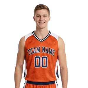 Ensemble d'uniformes de basketball personnalisés pour hommes, maillot sans manches col en V, short avec empiècements latéraux blancs, numéros bleu marine, kits de tenues d'équipe en gros - Product Image 1