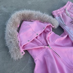 Custom Unisex Y2K Streetwear Acid Wash Printed <b>Pink</b> Distressed Hoodie Set Wide Leg Sweatpants Faux Fur Trim Full Zip <b>Tracksuit</b> - Product Image 3