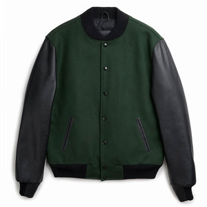 Chaqueta Varsity para Hombre en Verde y Negro con Bloques de Color, Cuello Camisero, Cierre de Botones, Estilo Casual para Otoño - Product Image 1