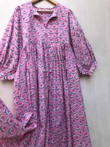 Robe midi en gaze de coton à manches longues, col profond, motif floral, imprimée à la main, pour femme, commandes en gros au meilleur prix, vêtements de nuit - Product Image 4