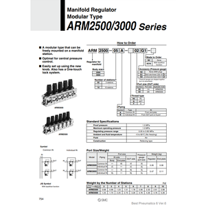 SMC Pneumatics Modular Type ARM2500-04B-02G2 Manifold <b>Pressure</b> <b>Regulator</b> - Product Image 2