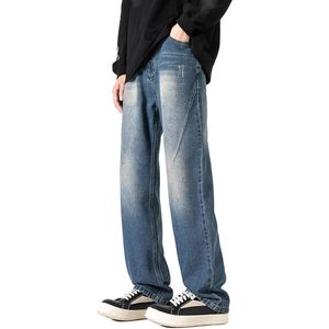 กางเกงยีนส์ขาตรงทรงแบ็กกี้สำหรับผู้ชาย, กางเกงยีนส์ทรงหลวมแบบตะเข็บด้านหน้าลำลองสไตล์ฮิปฮอปสเก็ตเตอร์สไตล์วินเทจถักยีนส์เอวกลาง - Product Image 5