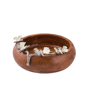 Luxury Mango <b>Wooden</b> Serving Bowl with Aluminum <b>Butterfly</b> Branch Accent Round Wood Salad and Fruit Bowl for Home Hotel Tableware - Product Image 1