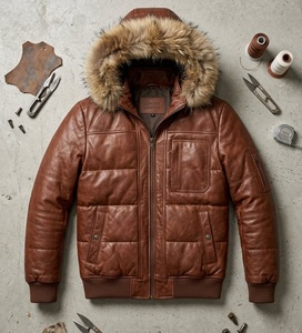 Men Puffer Quilted <b>Hooded</b> Leather <b>Jacket</b> Bomber <b>Fur</b> Hoodie Sheepskin genuine leather <b>Jacket</b> for Men - Product Image 5