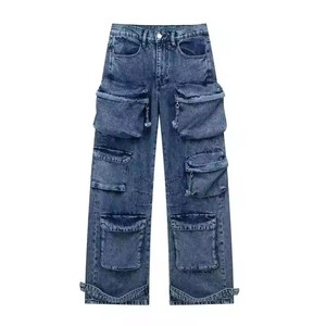 High Waist Multi Pocket Baggy Denim Cargo Pants Unisex Workwear Breathable Cotton Streetwear Wide Leg <b>Jeans</b> - Product Image 1