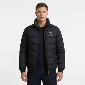 Men's Black Puffer Jacket Stand Collar Zipper Closure Windproof Casual Winter 100% Polyester Solid Color - Product Image 2