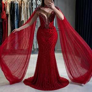 Robe de soirée sirène de luxe rouge en cristal pour femme, robe de bal de créateur à sequins, manches courtes, décolleté cœur, longueur ras du sol - Product Image 4