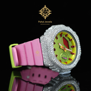 Pahal Jewels Montre à quartz analogique-numérique de luxe pour femme avec boîtier en strass et bracelet en silicone rose, cadran rond de 42 mm - Product Image 2
