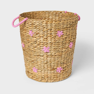 KV NATURAL HOME Floral Embroidered Eco-Friendly Water Hyacinth Rattan <b>Basket</b> Handles Open Top Woven Multifunction <b>Toy</b> <b>Storage</b> - Product Image 1