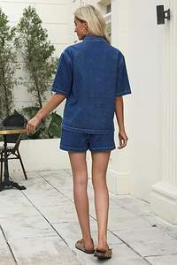 Conjunto de dos piezas de mezclilla de alto rendimiento para mujer: Top y shorts de mezclilla de moda casual, efecto adelgazante, ¡gran oferta! - Product Image 3