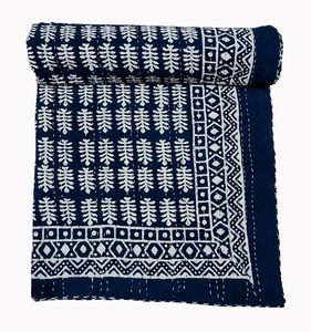 Silkgram Traditional Chinese Cotton Kantha <b>Quilt</b> Blue Floral Hand-Stitched Eco-Friendly All-Season Home Decor <b>Throw</b> Cover - Product Image 1