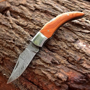 Couteau pliant de camping à lame droite en acier Damas, fait main, DIY, avec manche en bois à changement rapide, épaisseur de lame 3 mm, 7,5 cm - Product Image 1