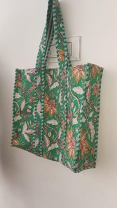 Women Green <b>Quilted</b> Cotton Tote Bag with Blue Floral Hand Block print Open Casual Shopping Reusable <b>Handbag</b> - Product Image 2