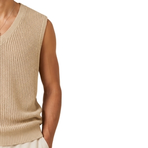 Gilet en tricot beige pour homme, col en V, sans manches, pull léger et doux, décontracté, mode, logo personnalisé, fabricant OEM - Product Image 4