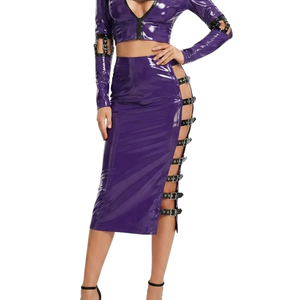 Women High Waist PU Pencil <b>Skirt</b> Knee-Length Solid Color Shiny With Side Slit Sexy Club Wear All Seasons - Product Image 6