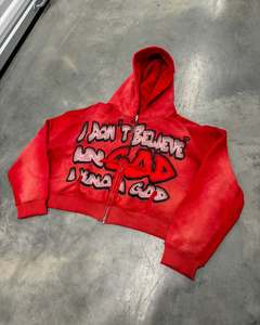 Custom Acid Wash DTG Print Heavyweight Zip Up Hoodie Men <b>Vintage</b> Sun Faded Cropped Distressed Streetwear <b>Sweatshirt</b> - Product Image 1