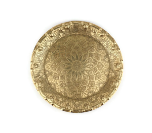 Handmade Engraved Round <b>Moroccan</b> Tray Antique Gold Finish Food Serving Platter <b>Decorative</b> Coffee Table Tray at Low Price - Product Image 1