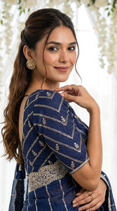 AARA Fashion Elegante Saree de Seda Azul Marino con Bordado Plateado, Estilo Tradicional Indio Pakistaní para Mujer, Ideal para Bodas - Product Image 6