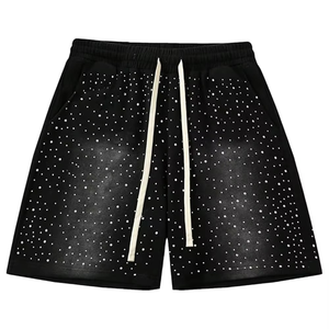 Latest Style Custom Design Logo Color Men Women Unisex Cotton <b>Shorts</b> Rhinestone Heavyweight Fleece <b>Shorts</b> Long Drawstrings - Product Image 1