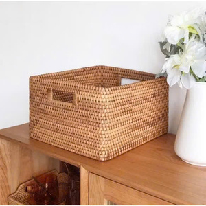 Home Decor Rectangle Rattan Eco-Friendly Storage <b>Basket</b> with 2 Wooden Handles for <b>Shelves</b> - Product Image 3