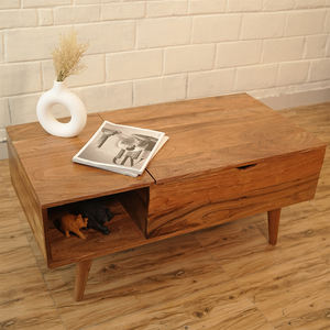 Mesa de Centro Moderna de Madera Maciza de Teca con Tapa Elevable para Estudio con Porta Laptop, Almacenamiento y Estantes Laterales, Mesa para Sala de Estar Woodensure - Product Image 2