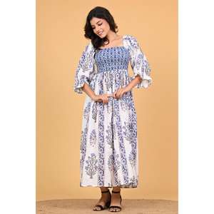 Robe maxi bohème en coton imprimé floral faite à la main en Inde, robe de soirée d'été vintage à manches longues pour femmes - Product Image 5
