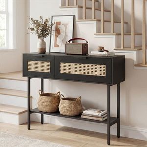 40 Inch Black Rattan <b>Console</b> <b>Table</b> with <b>Storage</b> Cabinets Open Shelf Sturdy Carbon Steel Frame for Entryway Livi Product Category - Product Image 5