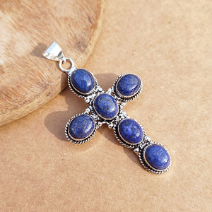 Pendentif Croix Vintage en Lapis Lazuli Plaqué Argent Antique, Base en Laiton, Bijou Unisexe Personnalisé, Cadeau, Sertissage Bezel, Vente en Gros - Product Image 1
