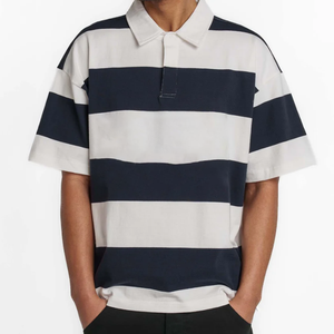 Embroidered Shirt for Polo Yarn Dye White Navy with Pattern Digital Printed Crop Length Patterned Design - Product Image 1