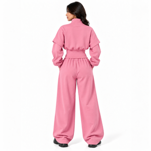 Custom Logo Pink <b>Women</b> Cropped Full Zip <b>Jacket</b> Wide Leg Sweatpants Tracksuit High Waist Fleece Two Piece Matching Sets Supplier - Product Image 2