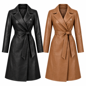 Abrigo Cruzado de Cuero Genuino para Mujer con Cinturón |   Gris Camel Negro |   Fabricante OEM ODM |   Diseño de Calidad Premium |   Ropa de Cuero | - Product Image 5