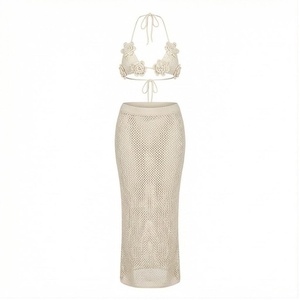 Women 2 Piece Crocheted <b>Bikini</b> <b>Set</b> With 3D Flower Decoration Halter Top And Knee Length <b>Skirt</b> Beige - Product Image 1