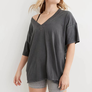Women's <b>V</b>-<b>Neck</b> Short Sleeve Loose Fit Solid Color Cotton Jersey Casual <b>T</b>-<b>Shirt</b> Spring Summer Breathable Knitted Top - Product Image 1