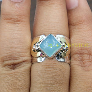 Anillo de Calcedonia Azul, Plata de Ley 925 Sólida con Anillo de Latón, Anillo Decorativo Hecho a Mano con Acabado Martillado para Regalo de Joyería de Calcedonia - Product Image 3