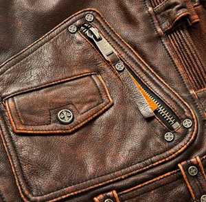<b>Men's</b> Genuine <b>Leather</b> Slim Waterproof Moto Biker <b>Jacket</b> Stand Collar Zipper Closure Solid Color Satin Lining Autumn Style - Product Image 2