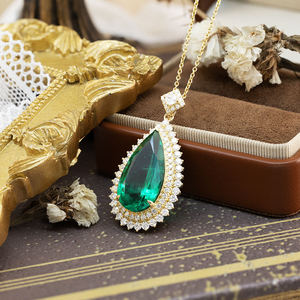 925 Sterling Silver Gold Plated Green <b>Emerald</b> <b>Pendant</b> Necklace Lab Grown Diamond Halo Statement Jewelry - Product Image 4