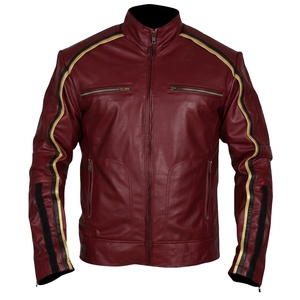 <b>Men's</b> Genuine <b>Leather</b> Motorcycle <b>Jacket</b> Stand Collar Zipper Closure Brown With Tan Stripes Moto Biker Style Autumn Wear - Product Image 5