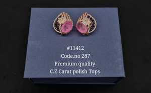 Boucles d'oreilles clous 11412 en zircon cubique et quartz rose, pierres ovales, plaqué or, en laiton, élégantes pour mariage et soirées - Product Image 6