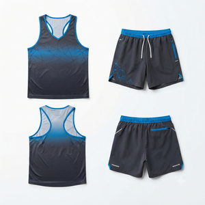 Ensemble de débardeurs sportifs pour hommes, imprimé géométrique, séchage rapide, polyester, tenue d'entraînement d'été, bleu noir, col en V, shorts - Product Image 1