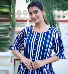 Womens Blue <b>Rayon</b> Stripe Printed Regular Fit Ruffle Sleeve Top With V Neck Design Created For Global Casual Summer Wear - Product Image 3