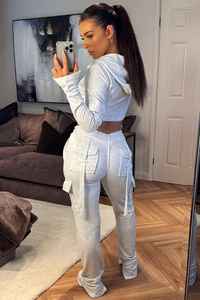 Women's <b>Light</b> Gray Solid Color Cotton Tracksuit Casual Wear Breathable Full Sleeve Hooded Zipper Front With Side Pockets - Product Image 2