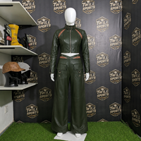 Ensembles haut et pantalon en similicuir avec logo personnalisé, col montant, manches longues, poches latérales, vêtements pour femmes, ensembles deux pièces en similicuir