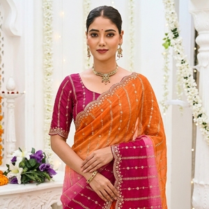 Sari indien traditionnel en soie, orange et rose, brodé, protection solaire, coupe ample, pour mariage, longueur ras du sol, ethnique, pour femme - Product Image 1