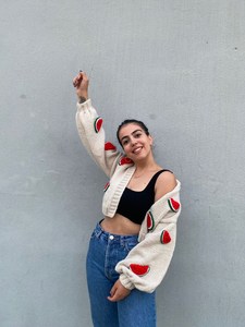 Women's <b>White</b> Hand <b>Knitted</b> <b>Cardigan</b> With Watermelon Appliques Puff Sleeve V Neck Crop Length Casual Sweater - Product Image 2